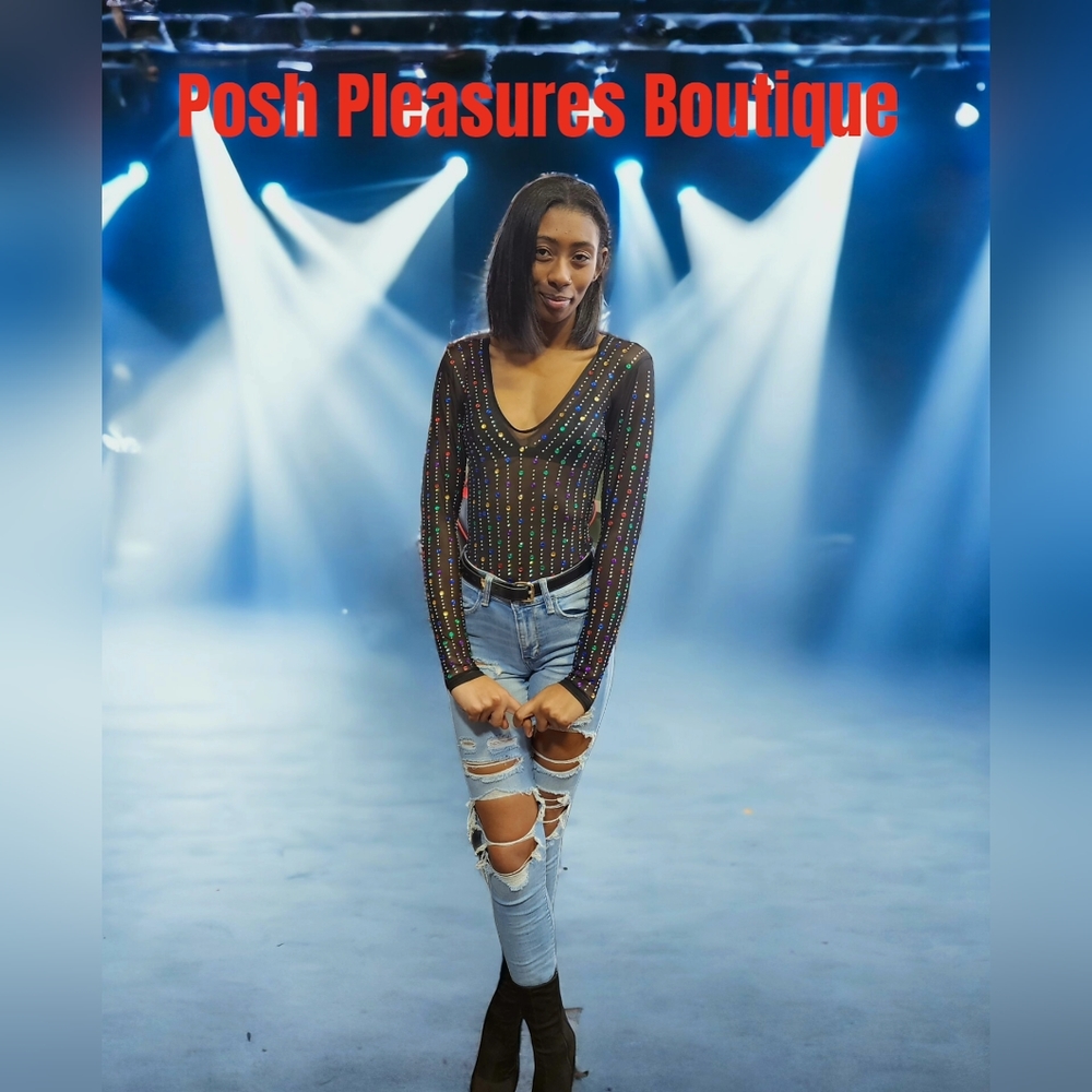 Exquisite Black Colorful Rhinestone Bodysuit - Picture 13 of 13